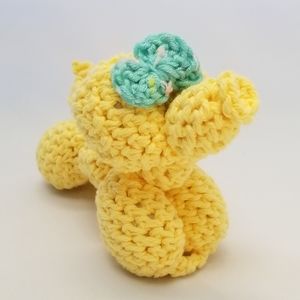 Yellow Handmade Crochet Balloon Dog With Blue Bow